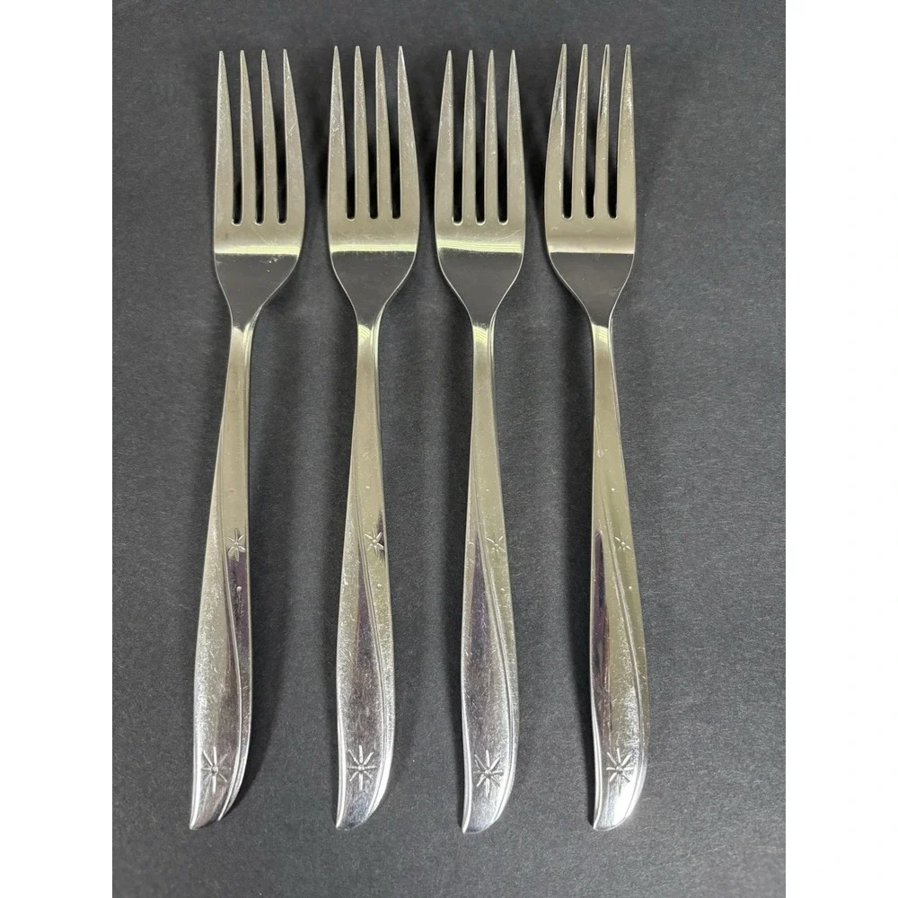 Lot 4 Oneida Community Stainless Starburst Atomic Star Salad Forks 7